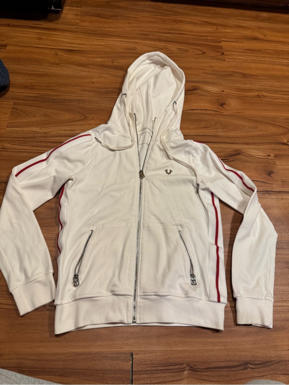 True Religion White Hooded Zip Jacket with Red Side Stripes